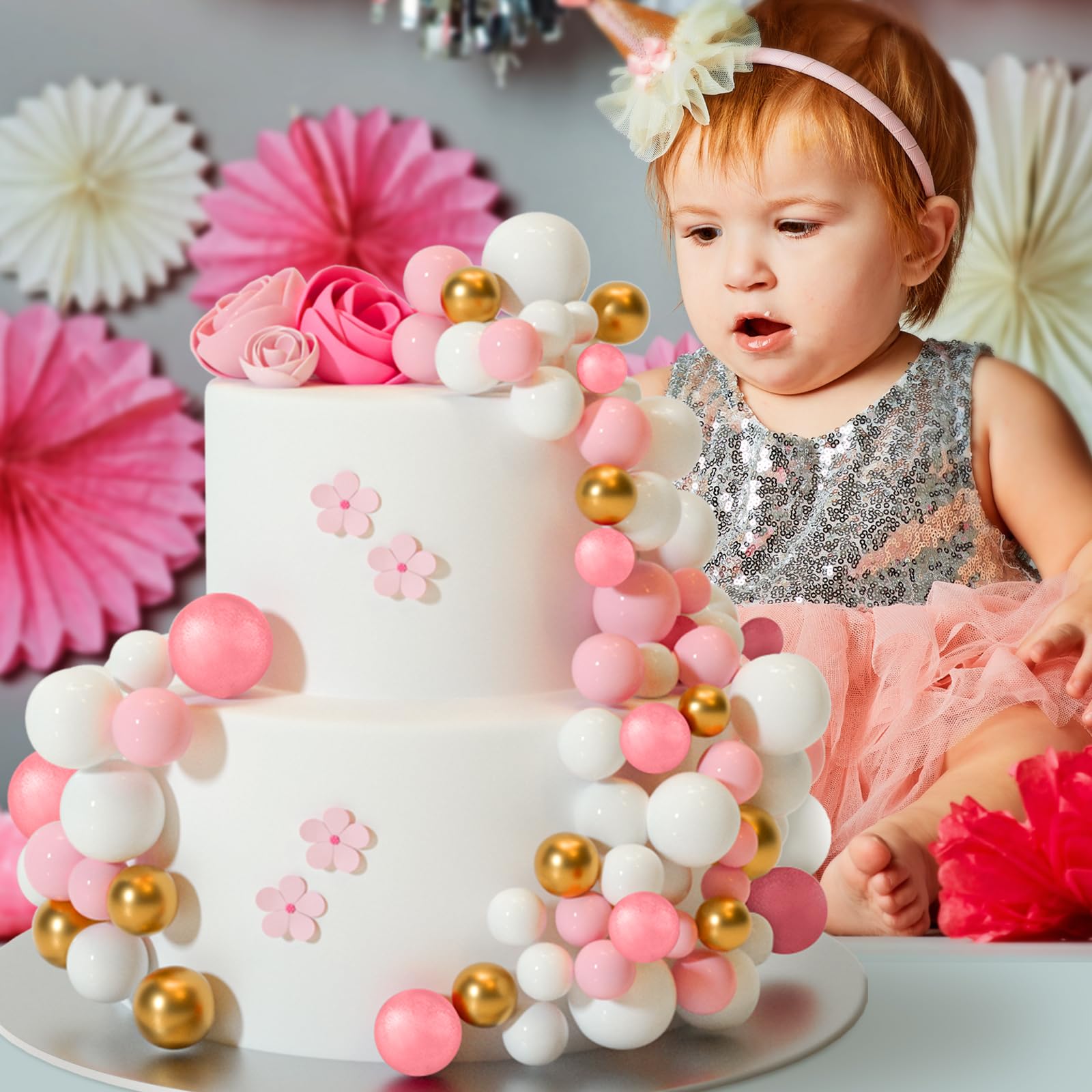 ASTARON 32 Pcs Ball Cake Topper Decorations – Rose Gold & Pink Foam Ball Toppers for Weddings & Parties