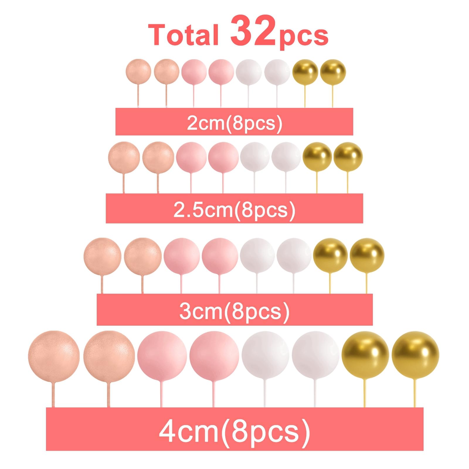 ASTARON 32 Pcs Ball Cake Topper Decorations – Rose Gold & Pink Foam Ball Toppers for Weddings & Parties
