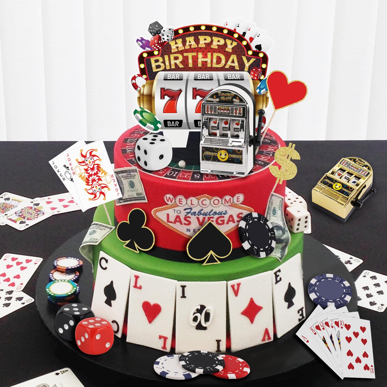 Atiloy 24-Piece Casino Cake Topper Set – Mini Slot Machine, Poker & Dice Cupcake Toppers