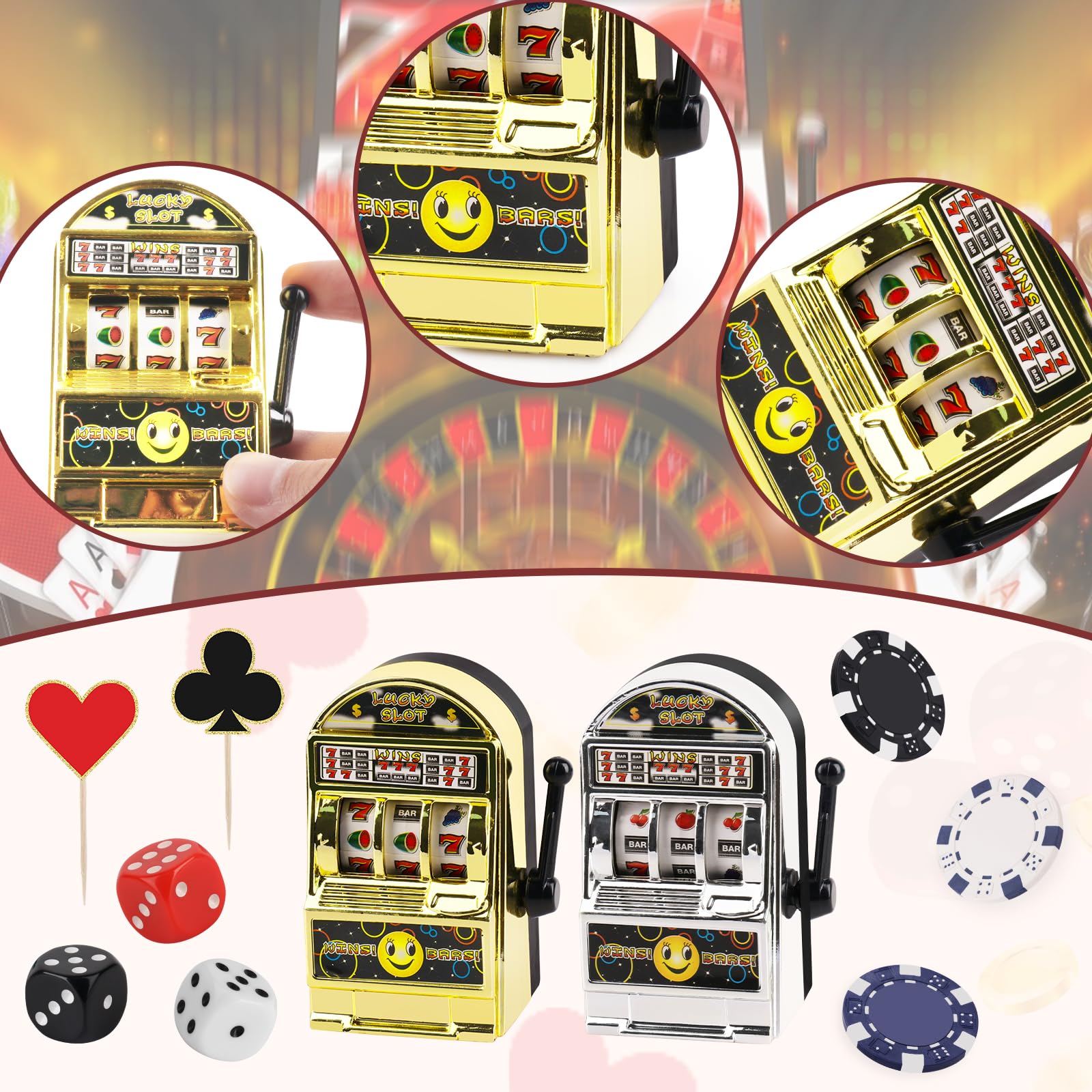 Atiloy 24-Piece Casino Cake Topper Set – Mini Slot Machine, Poker & Dice Cupcake Toppers