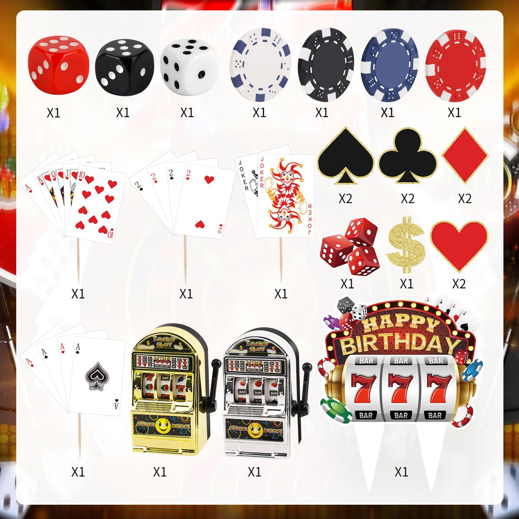 Atiloy 24-Piece Casino Cake Topper Set – Mini Slot Machine, Poker & Dice Cupcake Toppers