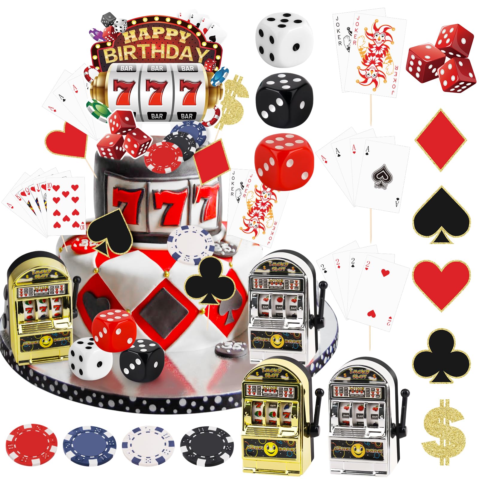 Atiloy 24-Piece Casino Cake Topper Set – Mini Slot Machine, Poker & Dice Cupcake Toppers