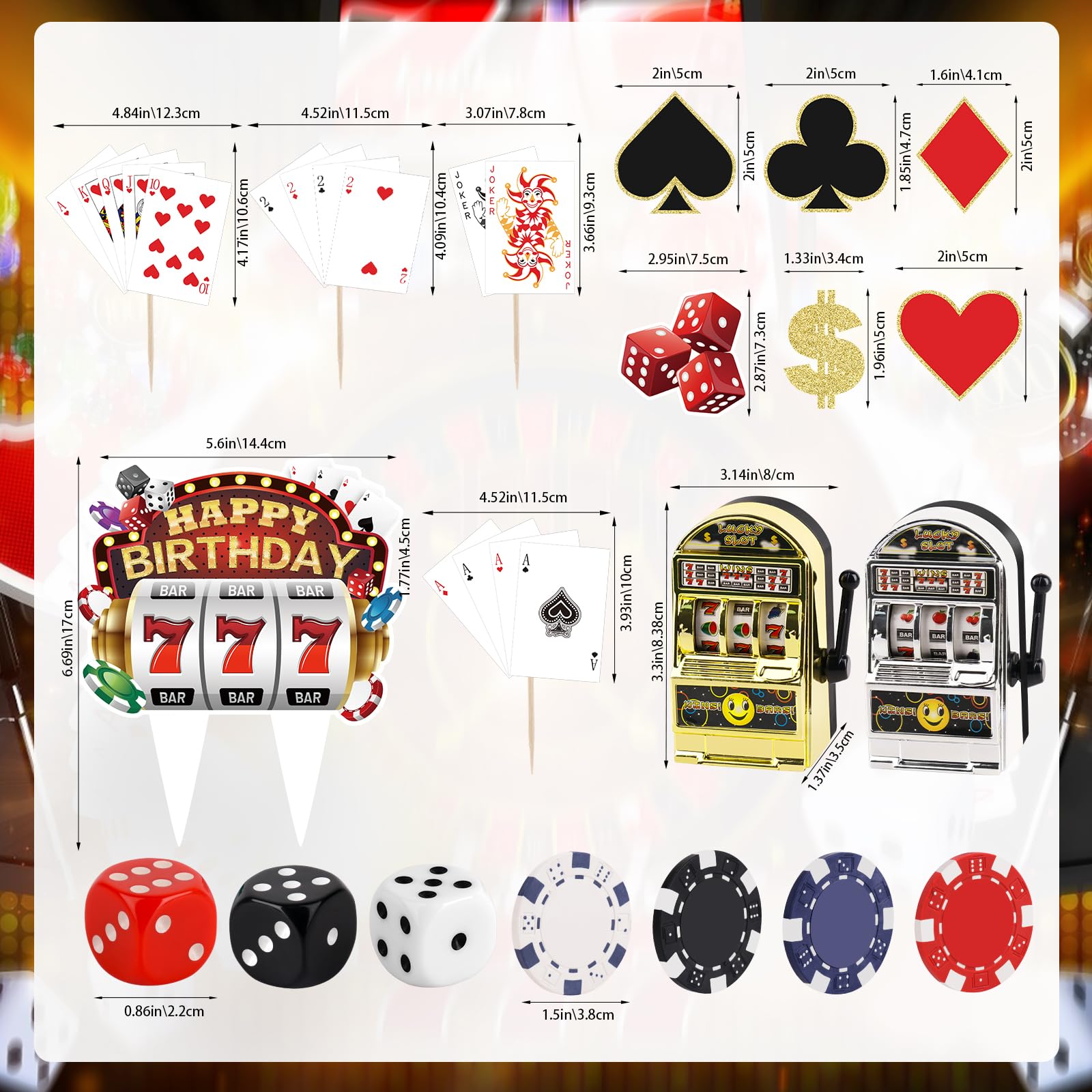 Atiloy 24-Piece Casino Cake Topper Set – Mini Slot Machine, Poker & Dice Cupcake Toppers