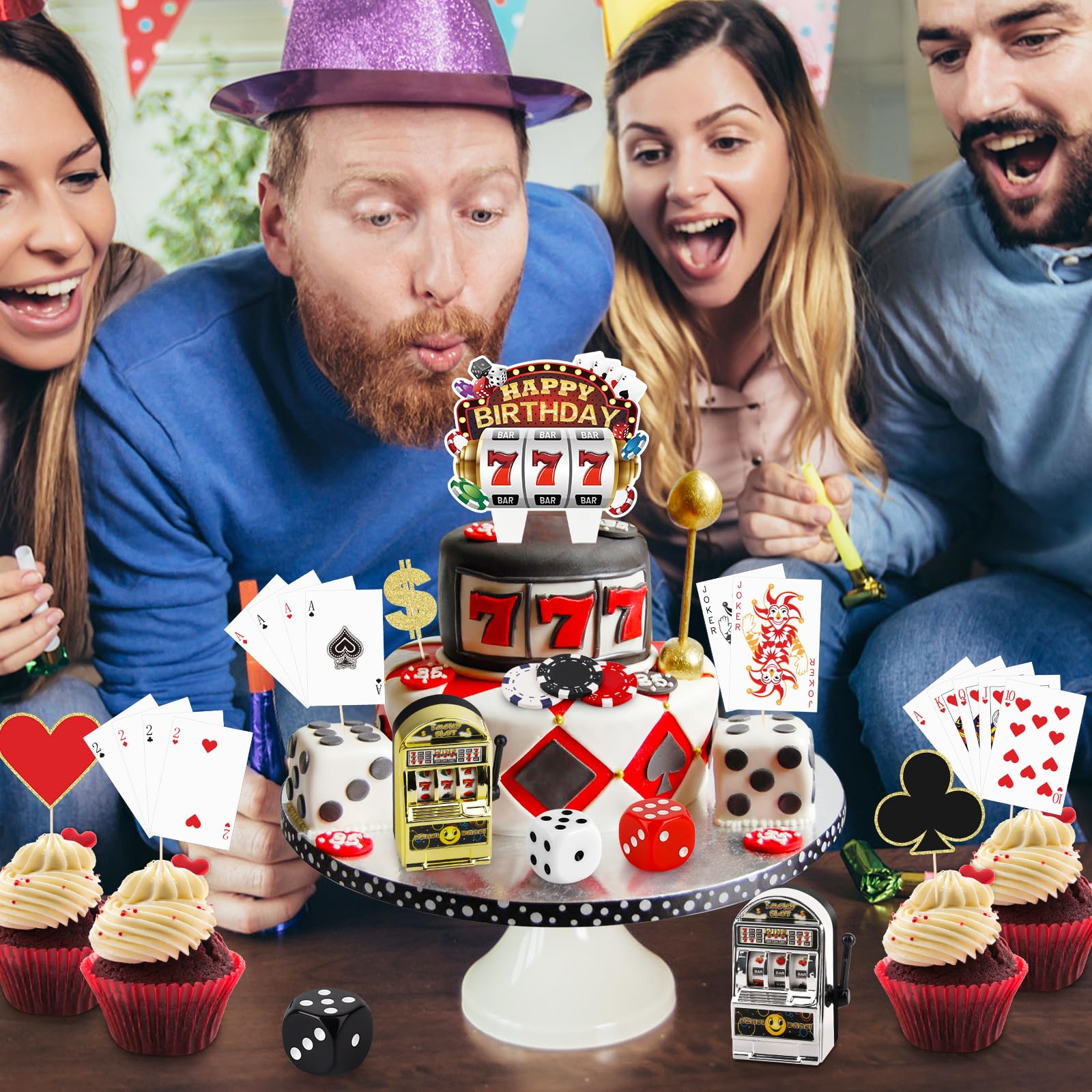 Atiloy 24-Piece Casino Cake Topper Set – Mini Slot Machine, Poker & Dice Cupcake Toppers