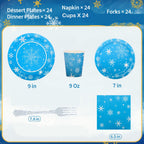 Atonofun Frozen Birthday Party Supplies — Snowflake Plates & Napkins, Cups & Forks for 24