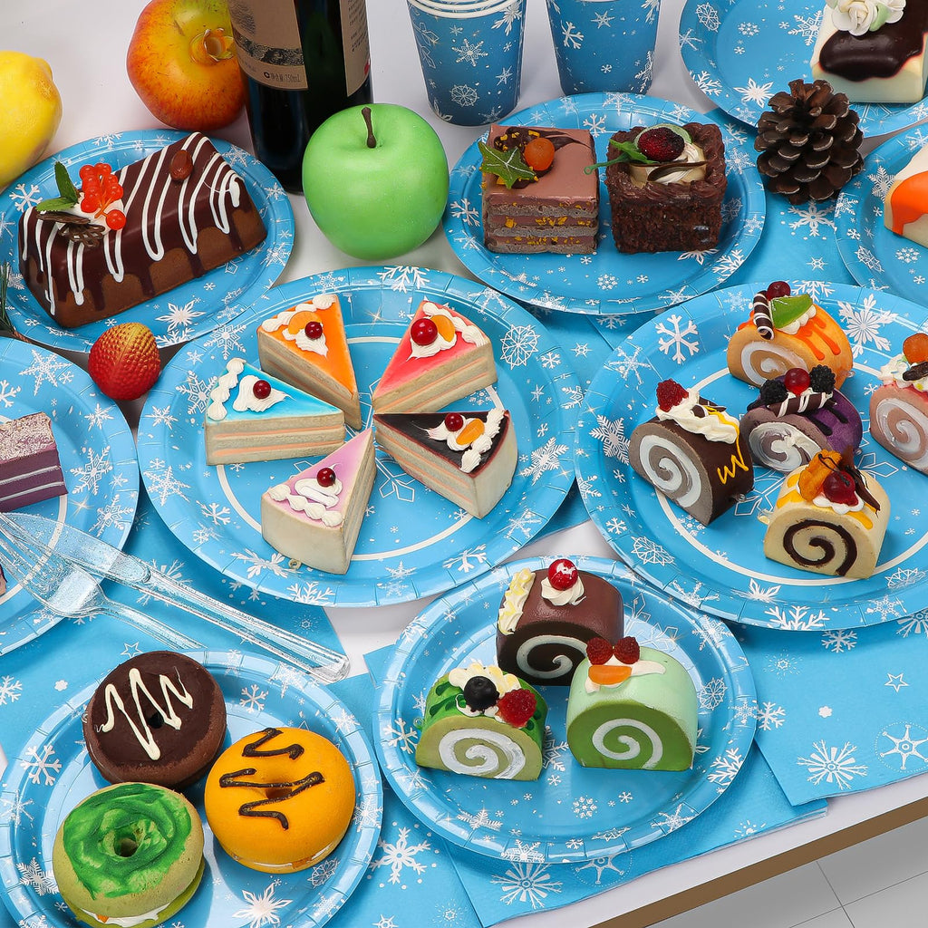 Atonofun Frozen Birthday Party Supplies — Snowflake Plates & Napkins, Cups & Forks for 24