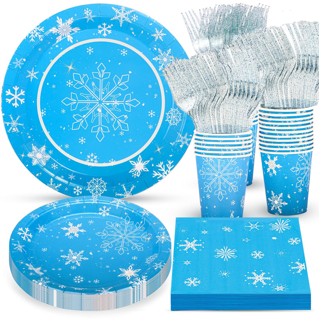 Atonofun Frozen Birthday Party Supplies — Snowflake Plates & Napkins, Cups & Forks for 24