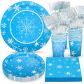 Atonofun Frozen Birthday Party Supplies — Snowflake Plates & Napkins, Cups & Forks for 24