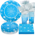 Atonofun Frozen Birthday Party Supplies — Snowflake Plates & Napkins, Cups & Forks for 24