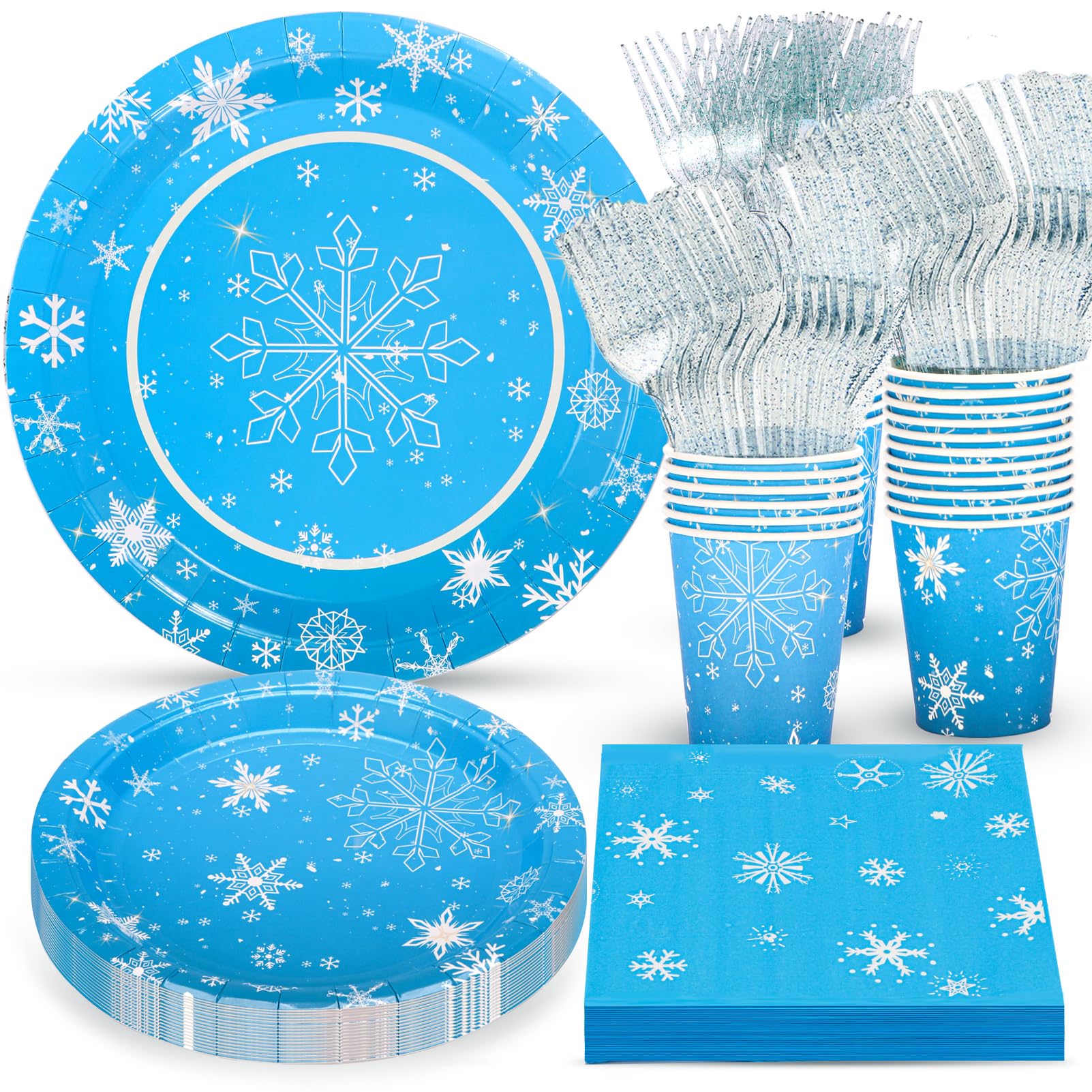 Atonofun Frozen Birthday Party Supplies — Snowflake Plates & Napkins, Cups & Forks for 24
