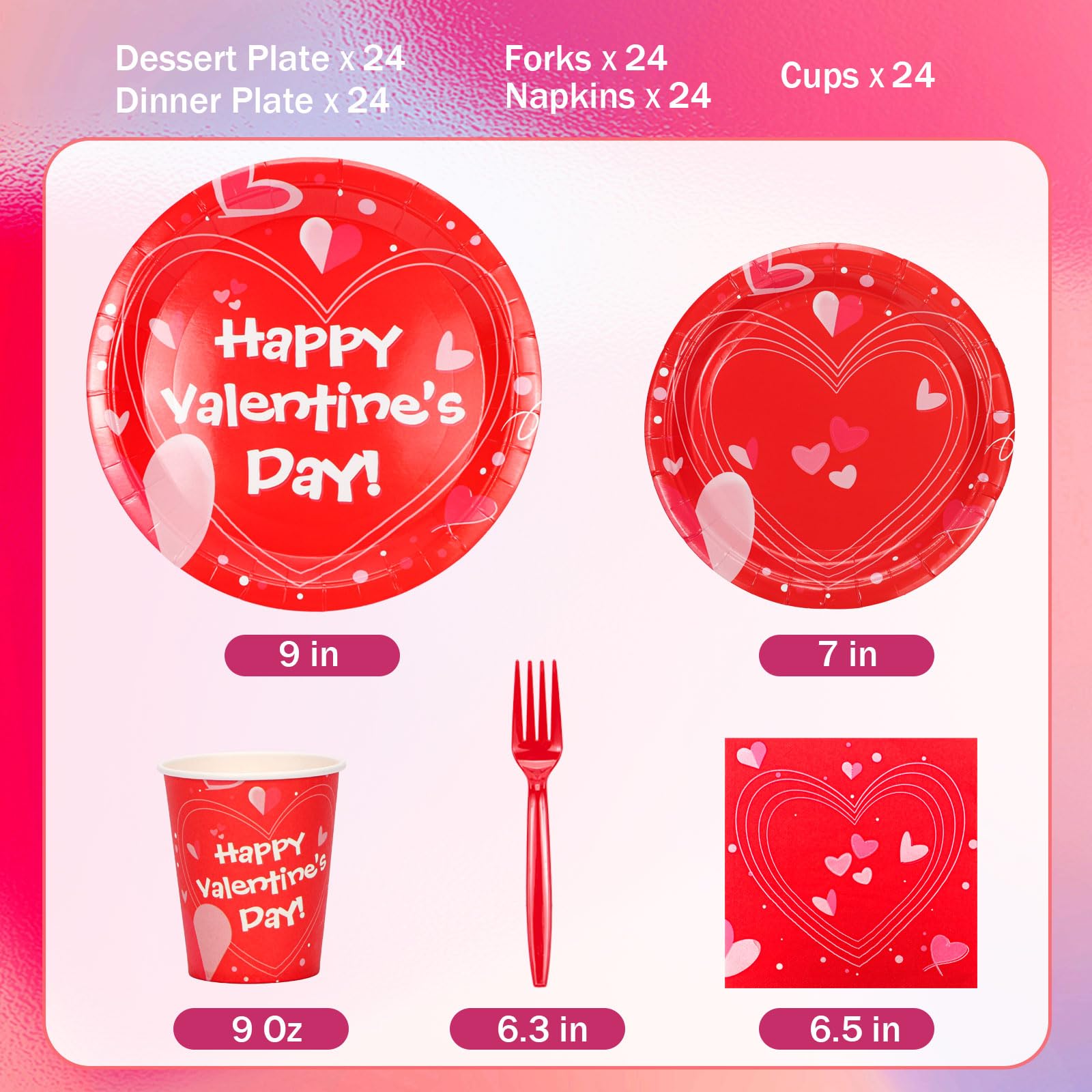 Atonofun Valentines Day Party Supplies – 24-Guest Tableware Set (Plates, Cups, Napkins, Forks) for Valentine’s Day, Engagements & Anniversary Celebrations