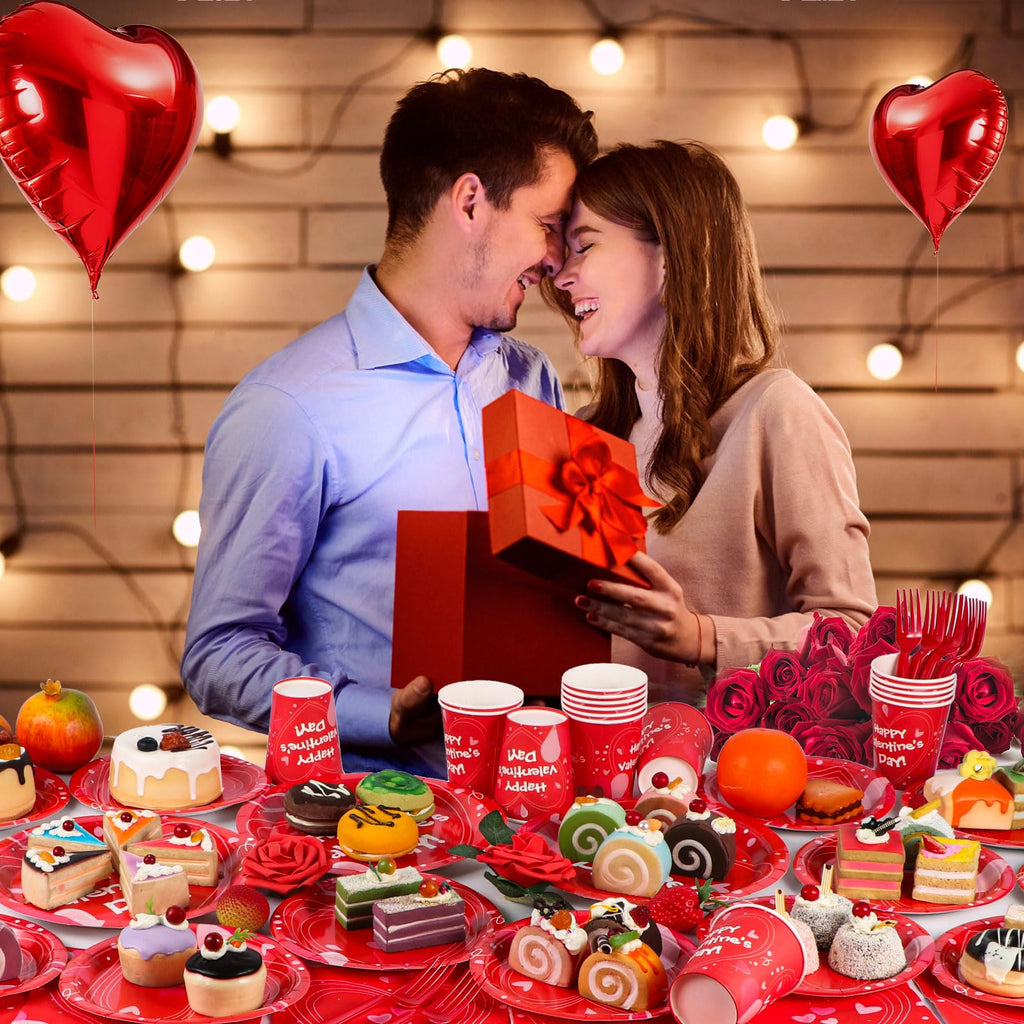 Atonofun Valentines Day Party Supplies – 24-Guest Tableware Set (Plates, Cups, Napkins, Forks) for Valentine’s Day, Engagements & Anniversary Celebrations