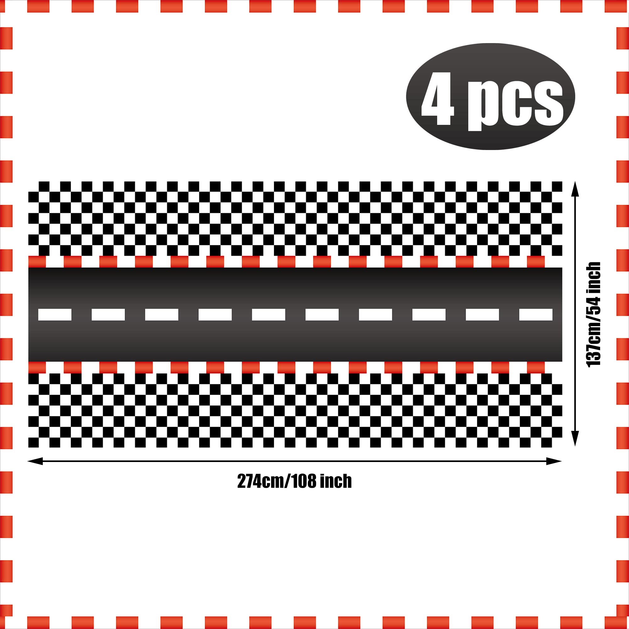 Augisteen 4 Pcs Racing Car Tablecloths – Black Checkered Racetrack Theme, 54 x 108 Inch, Disposable Party Table Covers
