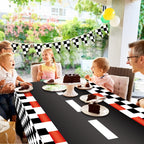 Augisteen 4 Pcs Racing Car Tablecloths – Black Checkered Racetrack Theme, 54 x 108 Inch, Disposable Party Table Covers