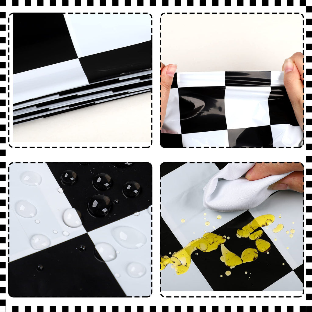 Augisteen 4 Pcs Racing Car Tablecloths – Black Checkered Racetrack Theme, 54 x 108 Inch, Disposable Party Table Covers