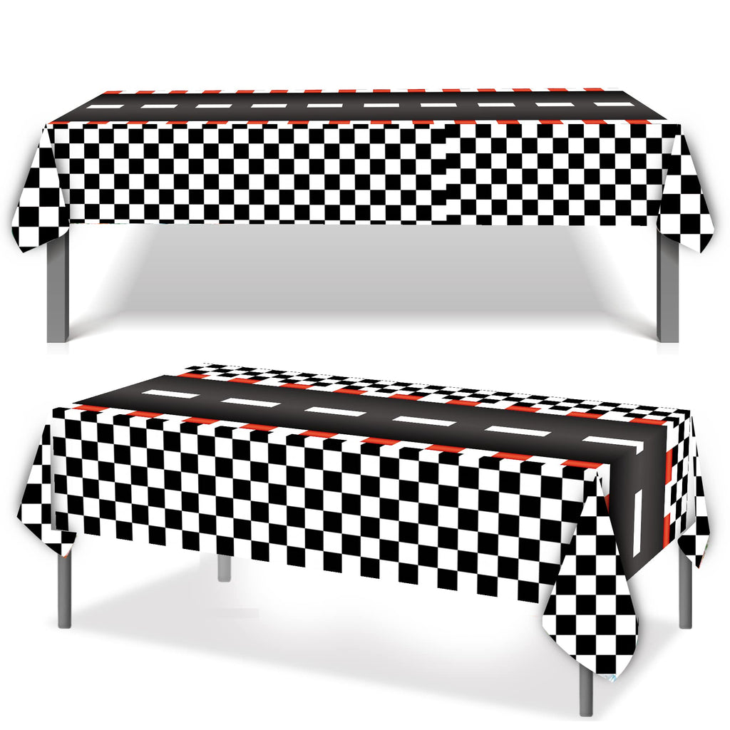Augisteen 4 Pcs Racing Car Tablecloths – Black Checkered Racetrack Theme, 54 x 108 Inch, Disposable Party Table Covers