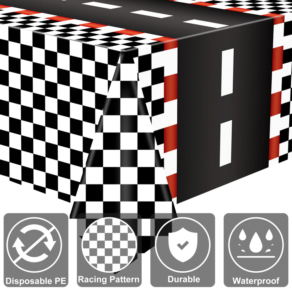 Augisteen 4 Pcs Racing Car Tablecloths – Black Checkered Racetrack Theme, 54 x 108 Inch, Disposable Party Table Covers