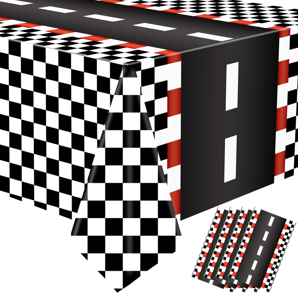 Augisteen 4 Pcs Racing Car Tablecloths – Black Checkered Racetrack Theme, 54 x 108 Inch, Disposable Party Table Covers