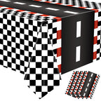 Augisteen 4 Pcs Racing Car Tablecloths – Black Checkered Racetrack Theme, 54 x 108 Inch, Disposable Party Table Covers
