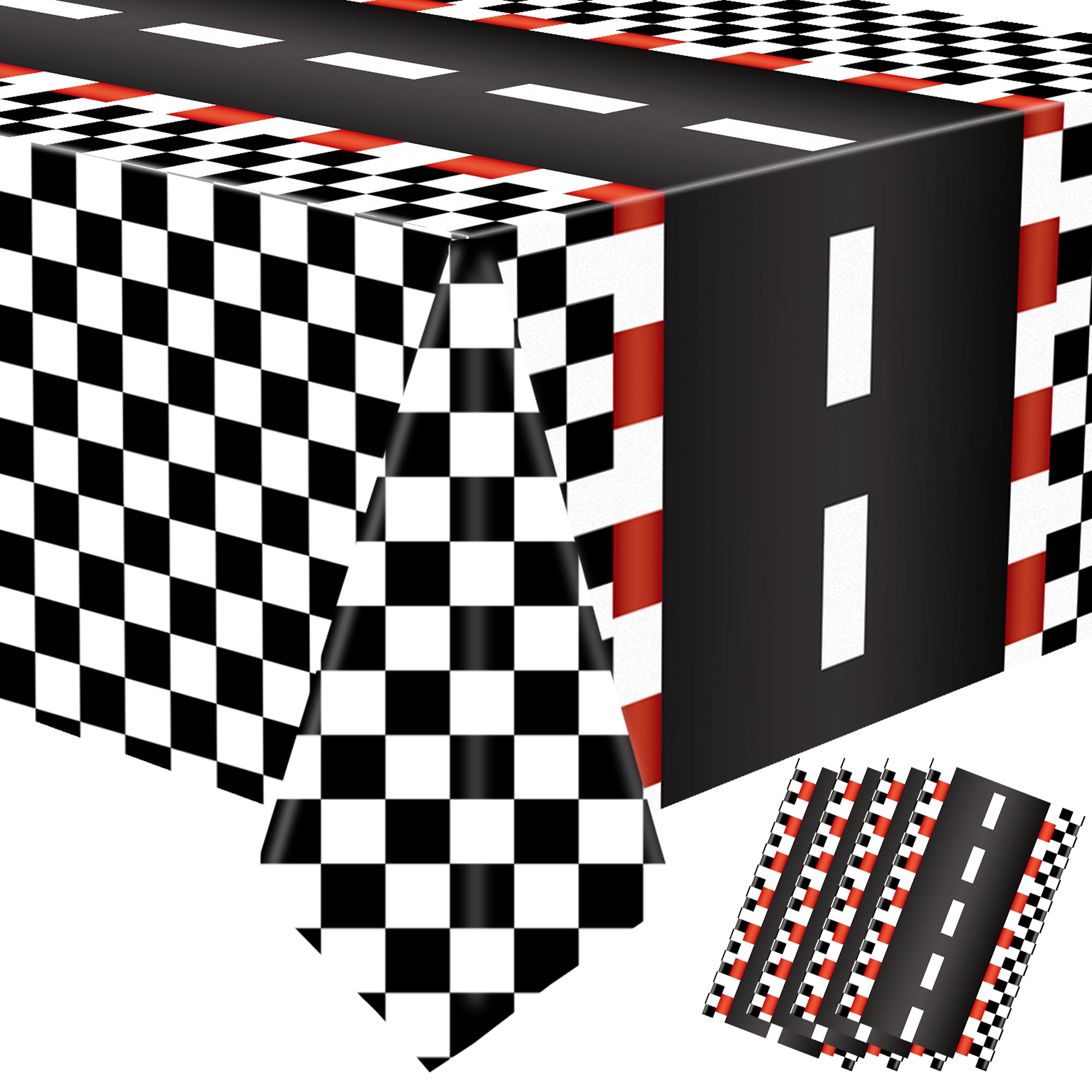 Augisteen 4 Pcs Racing Car Tablecloths – Black Checkered Racetrack Theme, 54 x 108 Inch, Disposable Party Table Covers
