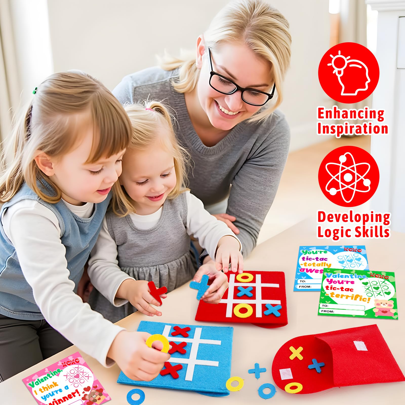 AugToy 24-Pack Valentines Tic Tac Toe Cards for Kids – Classroom Party Favors