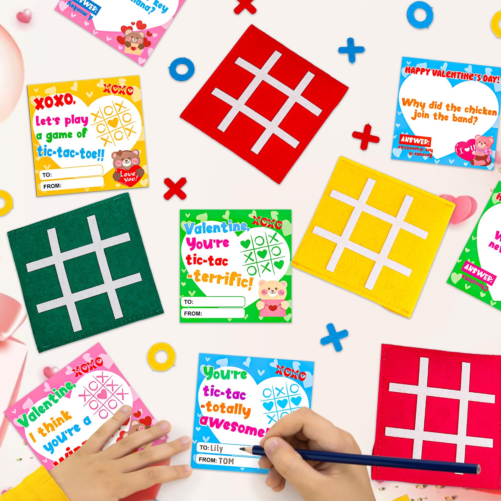 AugToy 24-Pack Valentines Tic Tac Toe Cards for Kids – Classroom Party Favors