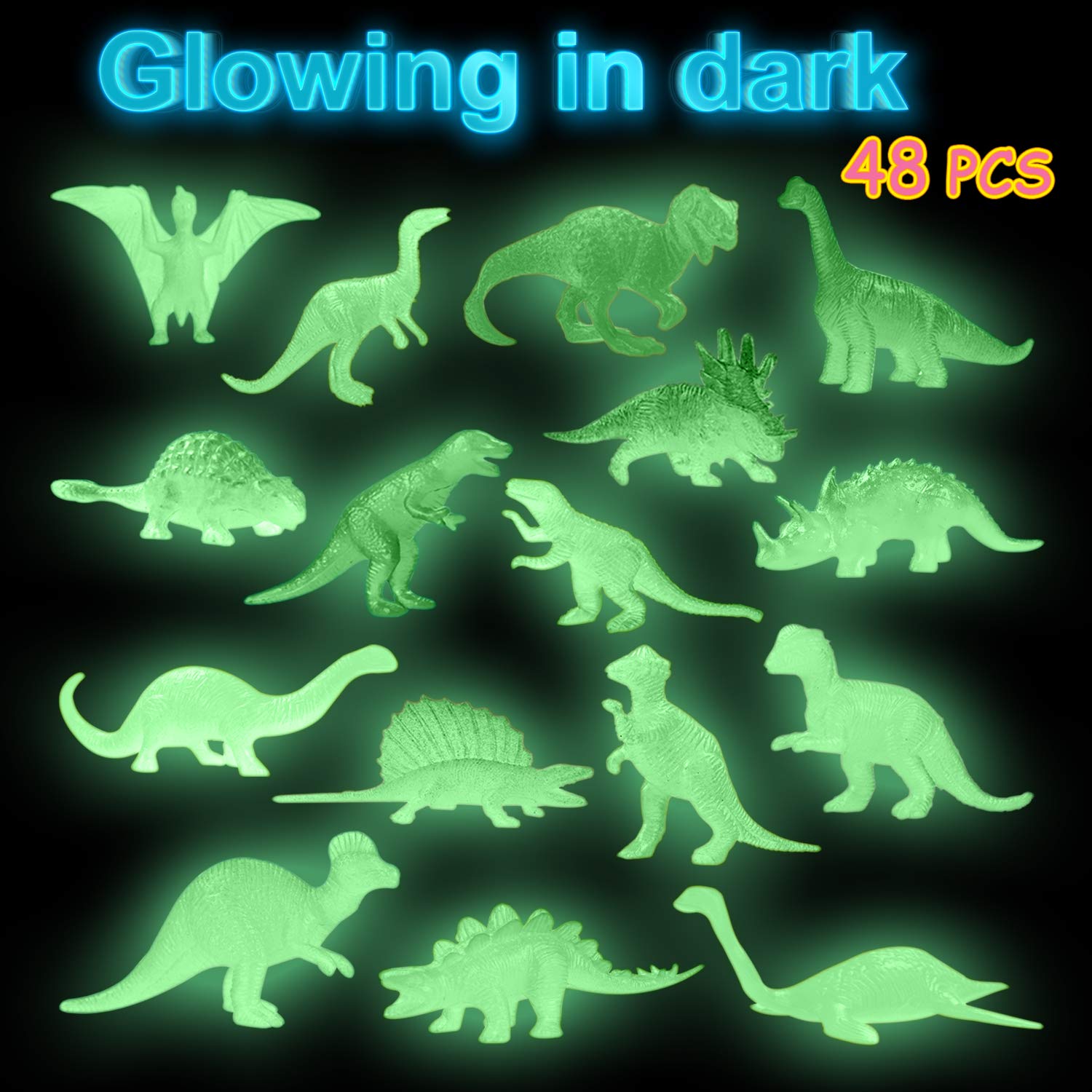 AugToy 48Pcs Glow-in-Dark Mini Dinosaurs - Party Favors, Cupcake Toppers & Classroom Prizes