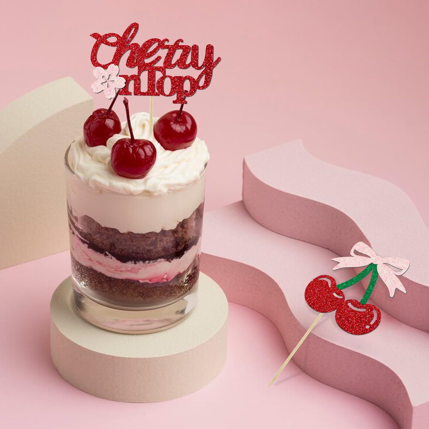Aukolass 24 Pack Cherry Glitter Cupcake Toppers – Baby Shower & Bridal Decor