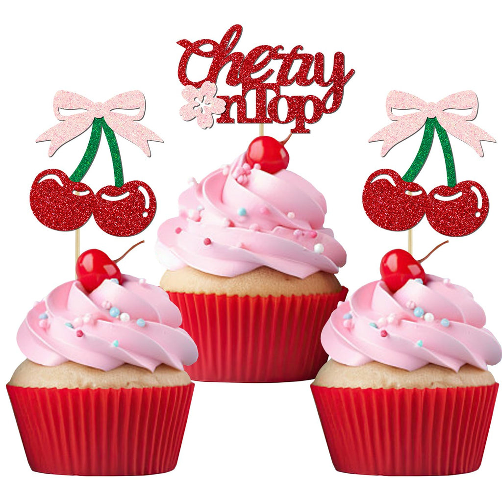 Aukolass 24 Pack Cherry Glitter Cupcake Toppers – Baby Shower & Bridal Decor