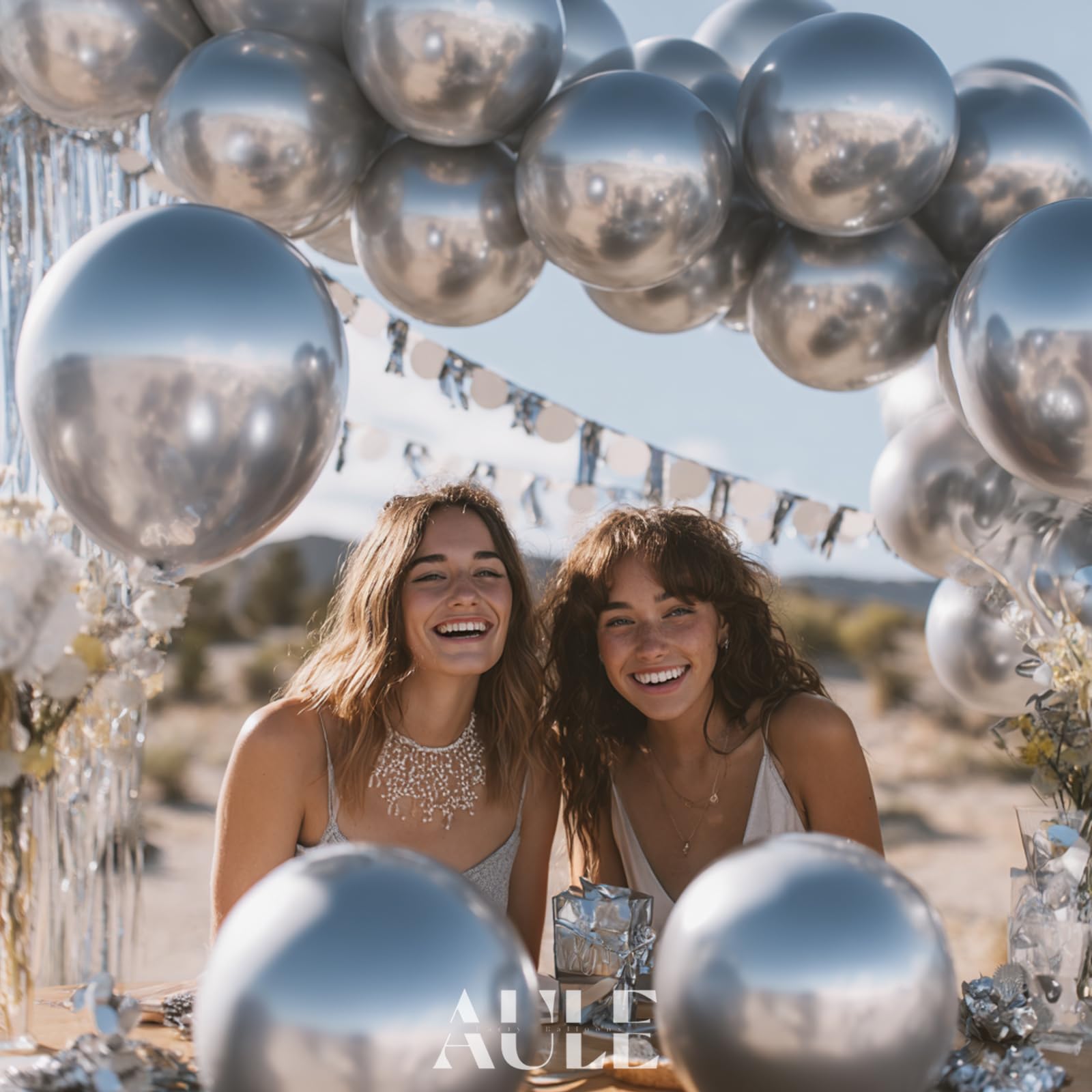 AULE Party Balloons 50 Pcs – 12-Inch Silver Metallic Chrome Latex, Thick 3.2g, Air or Helium Fill