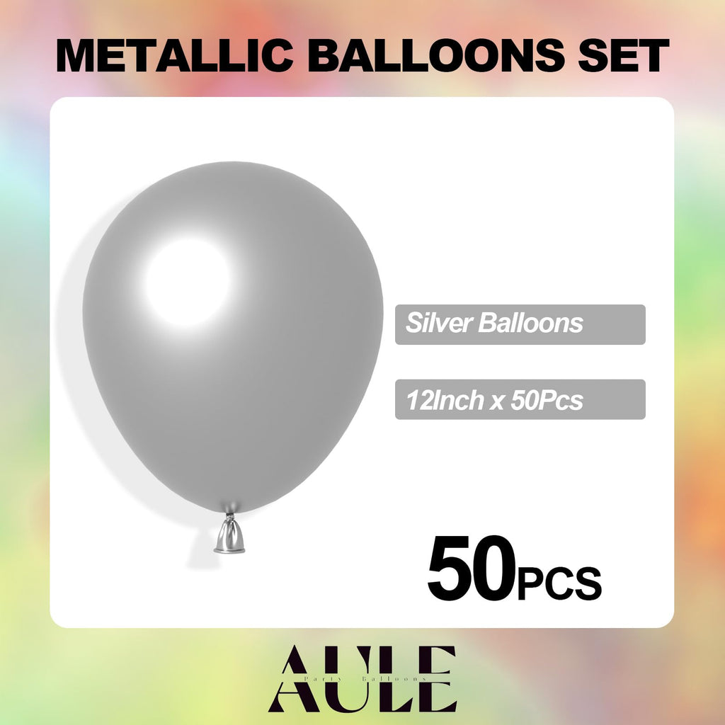 AULE Party Balloons 50 Pcs – 12-Inch Silver Metallic Chrome Latex, Thick 3.2g, Air or Helium Fill