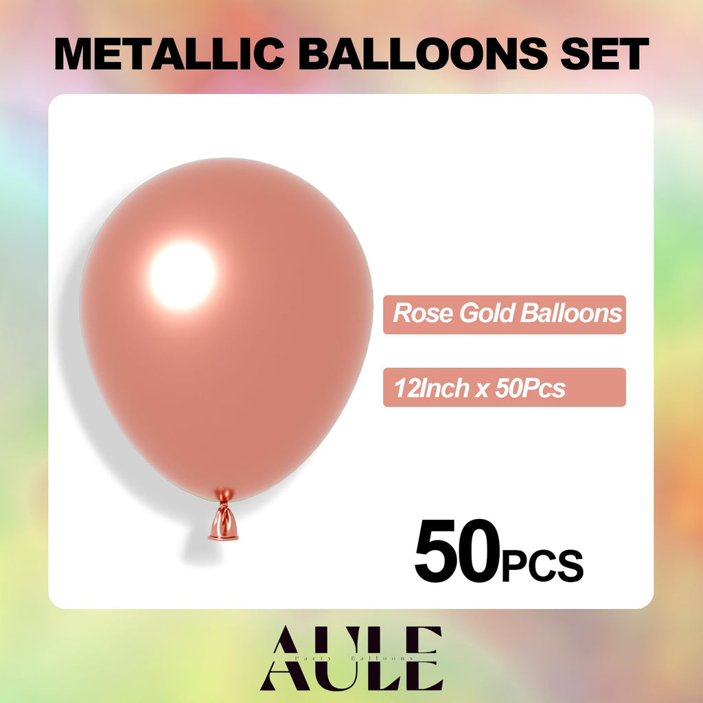 AULE Party Balloons 50 Pcs - 12in Rose Gold Metallic Chrome Latex Balloons for Weddings, Birthdays & Celebrations
