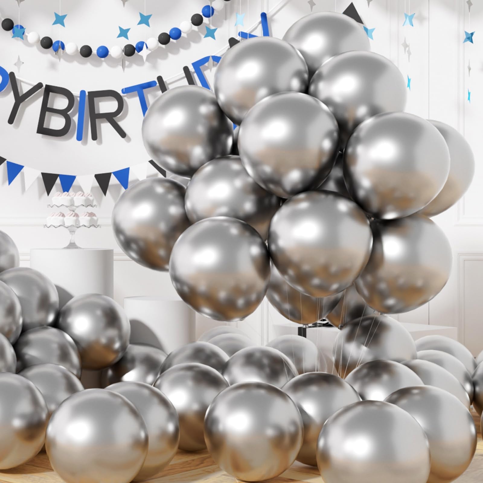 AULE Party Balloons 50 Pcs – 12-Inch Silver Metallic Chrome Latex, Thick 3.2g, Air or Helium Fill