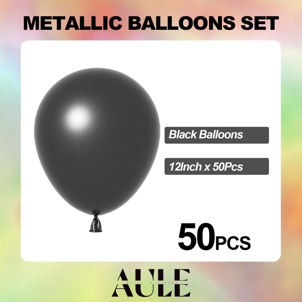AULE Black Metallic Balloons 12-inch, 50 Pcs – Chrome Latex Party Decor
