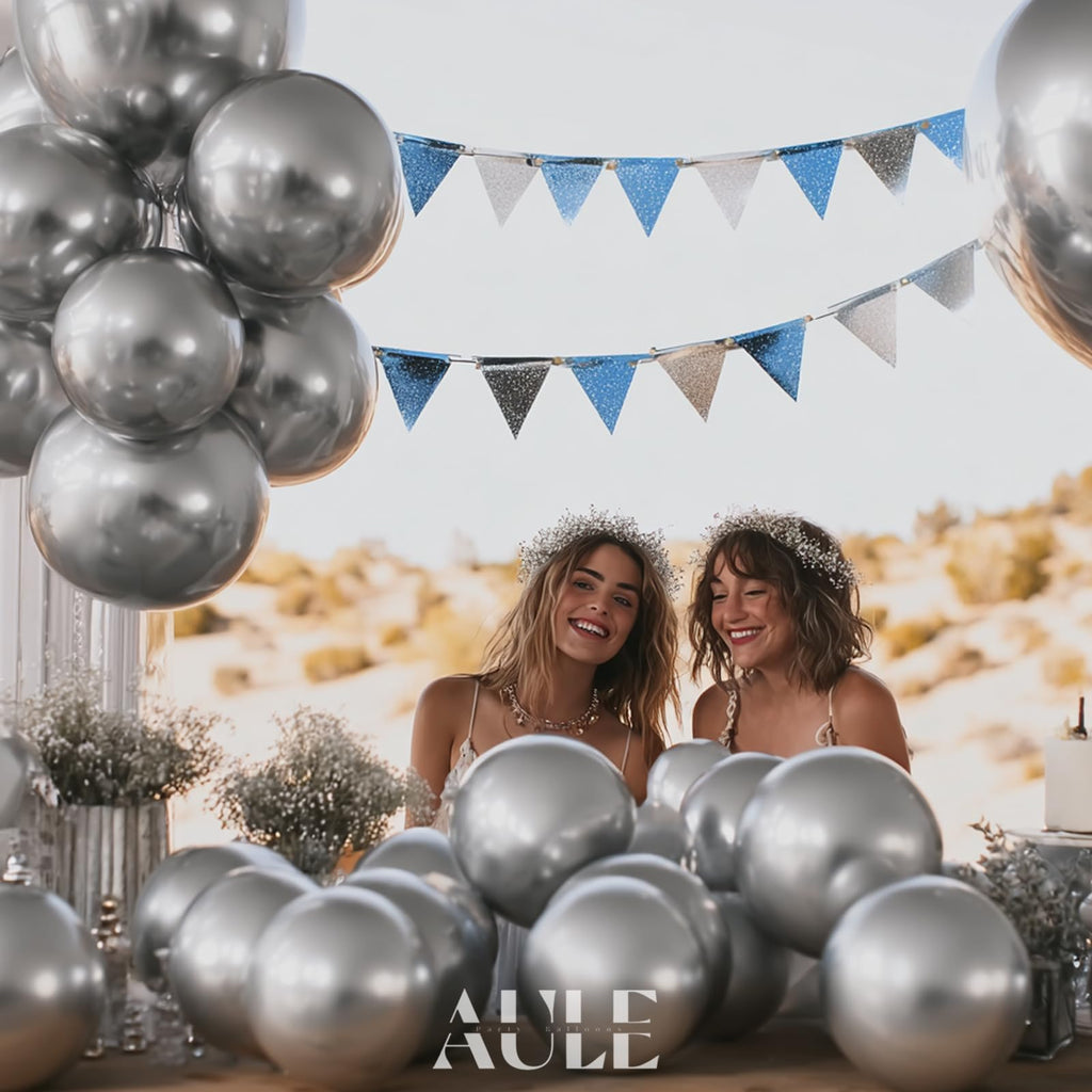 AULE Party Balloons 50 Pcs – 12-Inch Silver Metallic Chrome Latex, Thick 3.2g, Air or Helium Fill