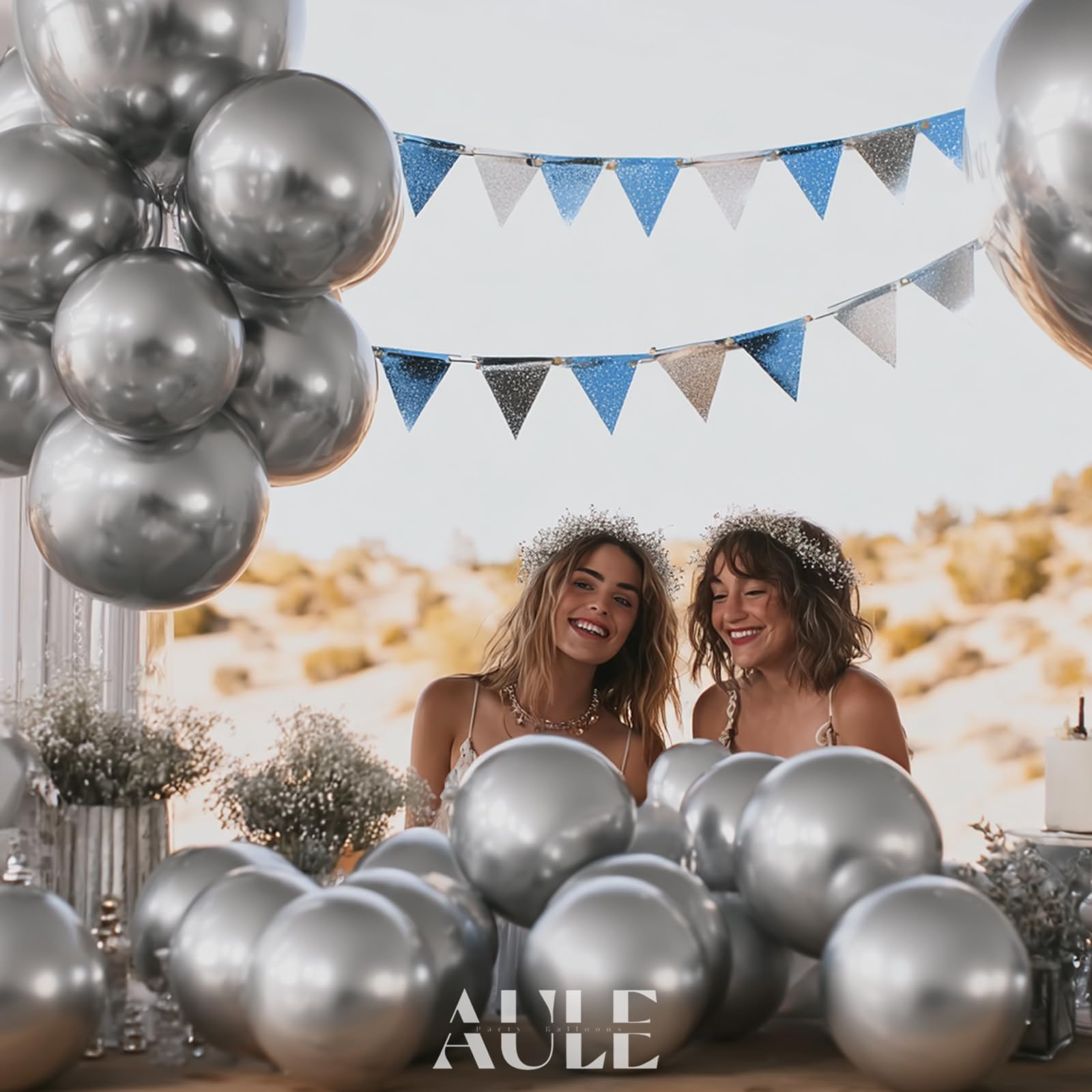 AULE Party Balloons 50 Pcs – 12-Inch Silver Metallic Chrome Latex, Thick 3.2g, Air or Helium Fill