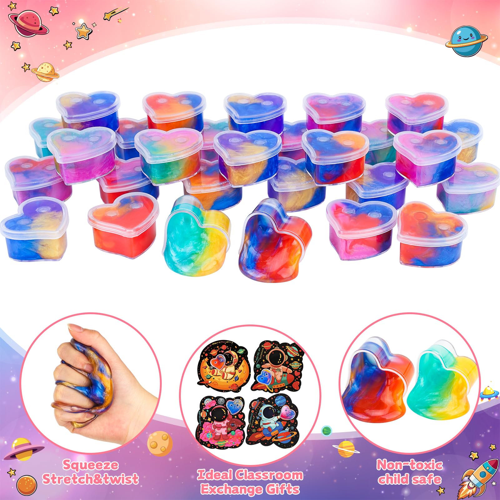 Aurdox 28-Pack Galaxy Slime Valentines Classroom Gifts – Non-Candy Cards & Party Favors