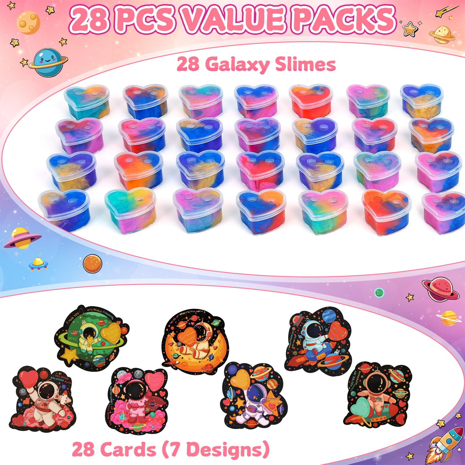 Aurdox 28-Pack Galaxy Slime Valentines Classroom Gifts – Non-Candy Cards & Party Favors