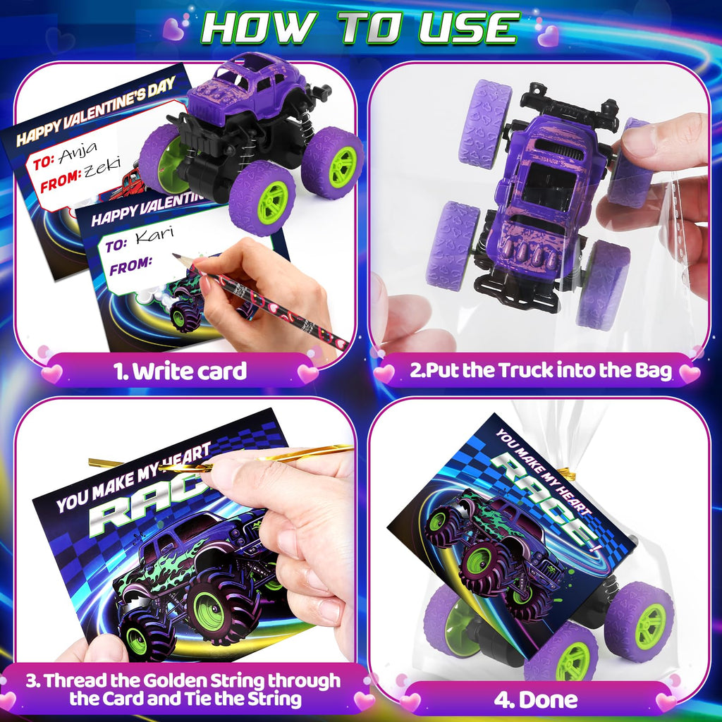 AuroTops Valentines Day Monster Trucks & Cards — 24-Pack Kids Party Favors
