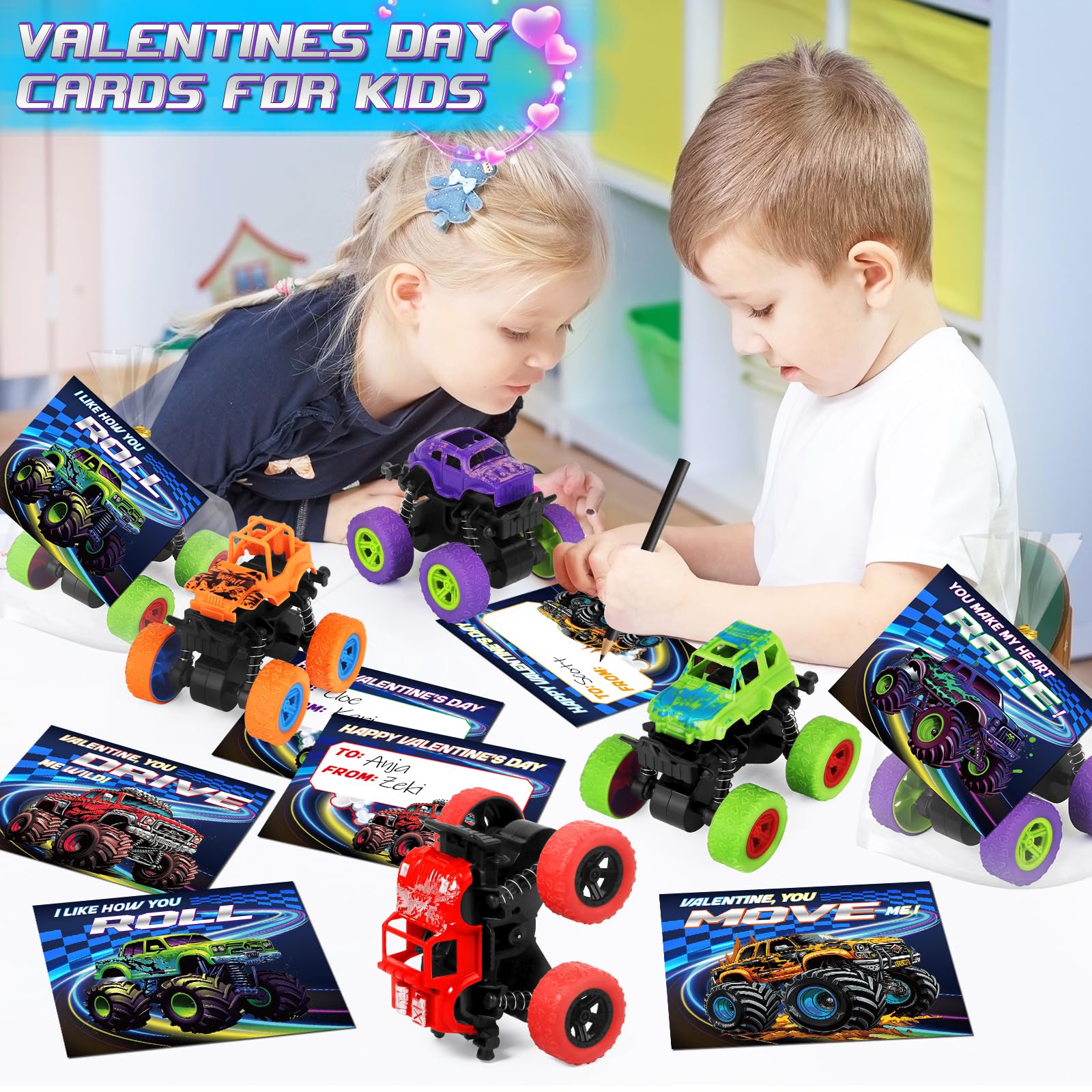 AuroTops Valentines Day Monster Trucks & Cards — 24-Pack Kids Party Favors