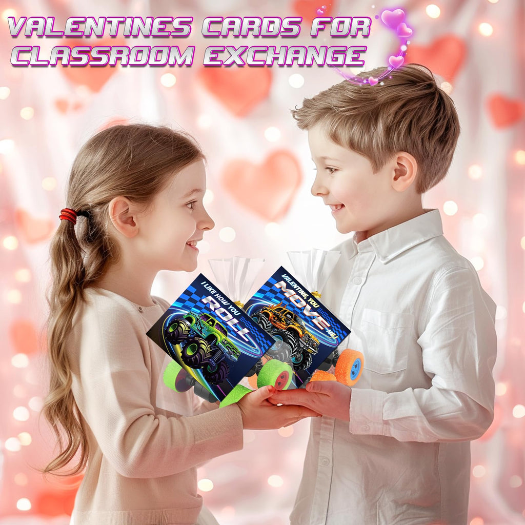 AuroTops Valentines Day Monster Trucks & Cards — 24-Pack Kids Party Favors