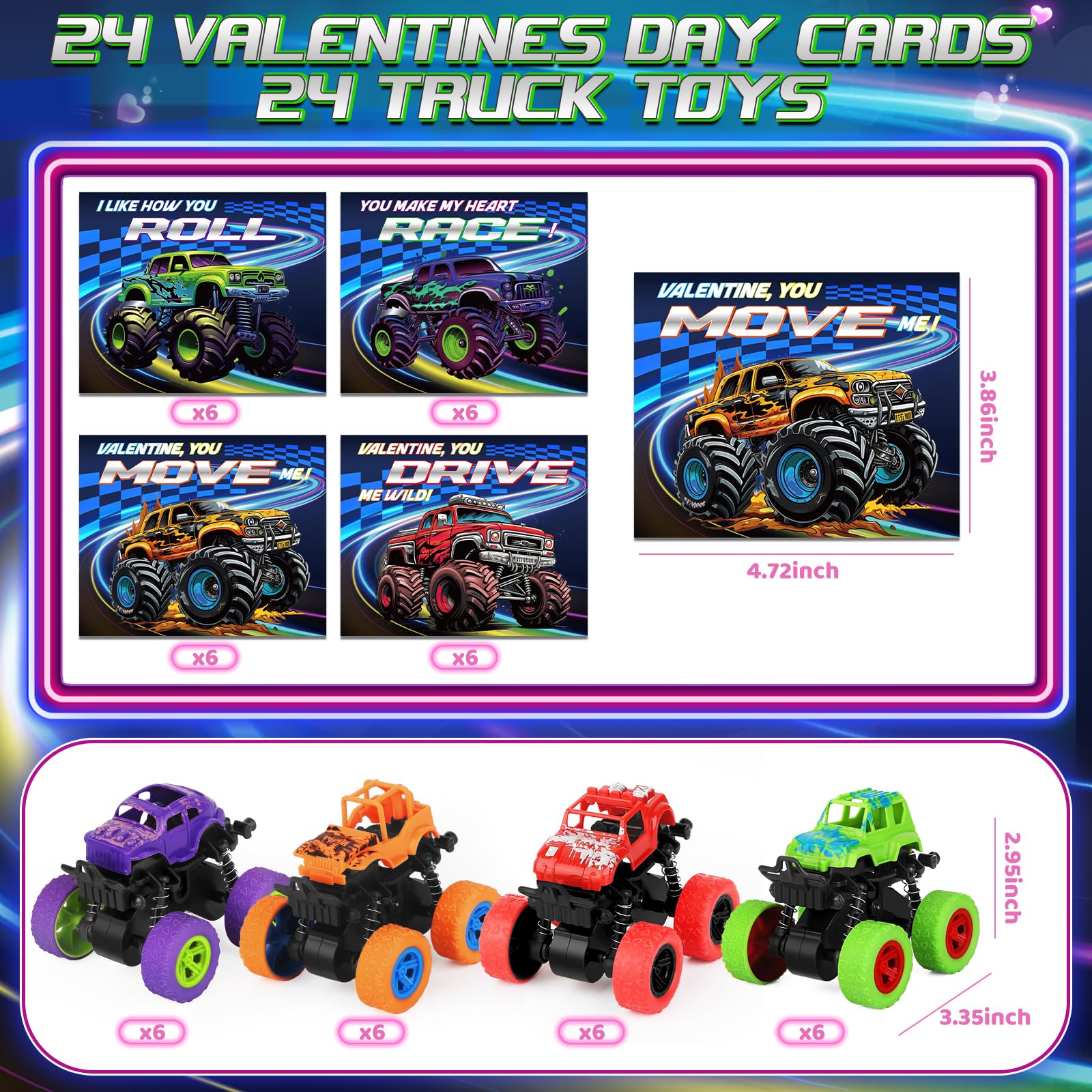 AuroTops Valentines Day Monster Trucks & Cards — 24-Pack Kids Party Favors