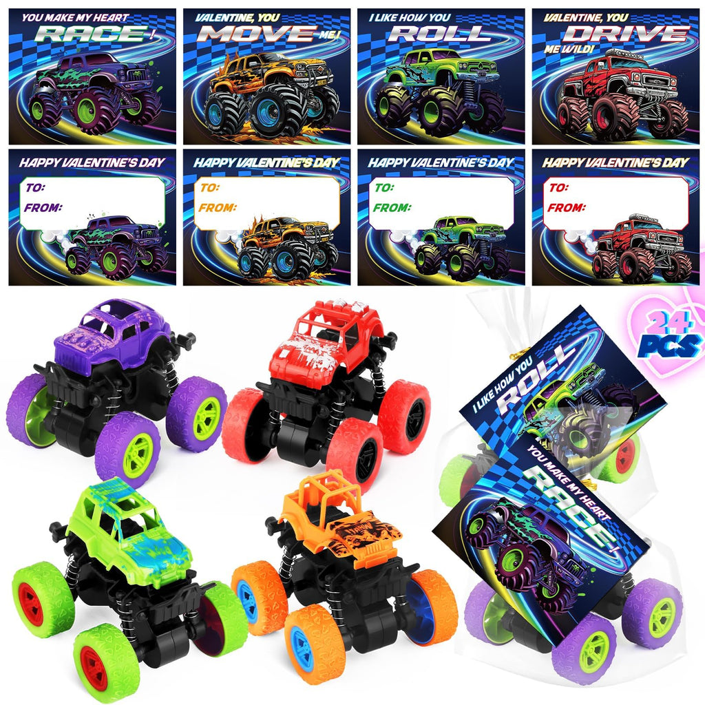 AuroTops Valentines Day Monster Trucks & Cards — 24-Pack Kids Party Favors