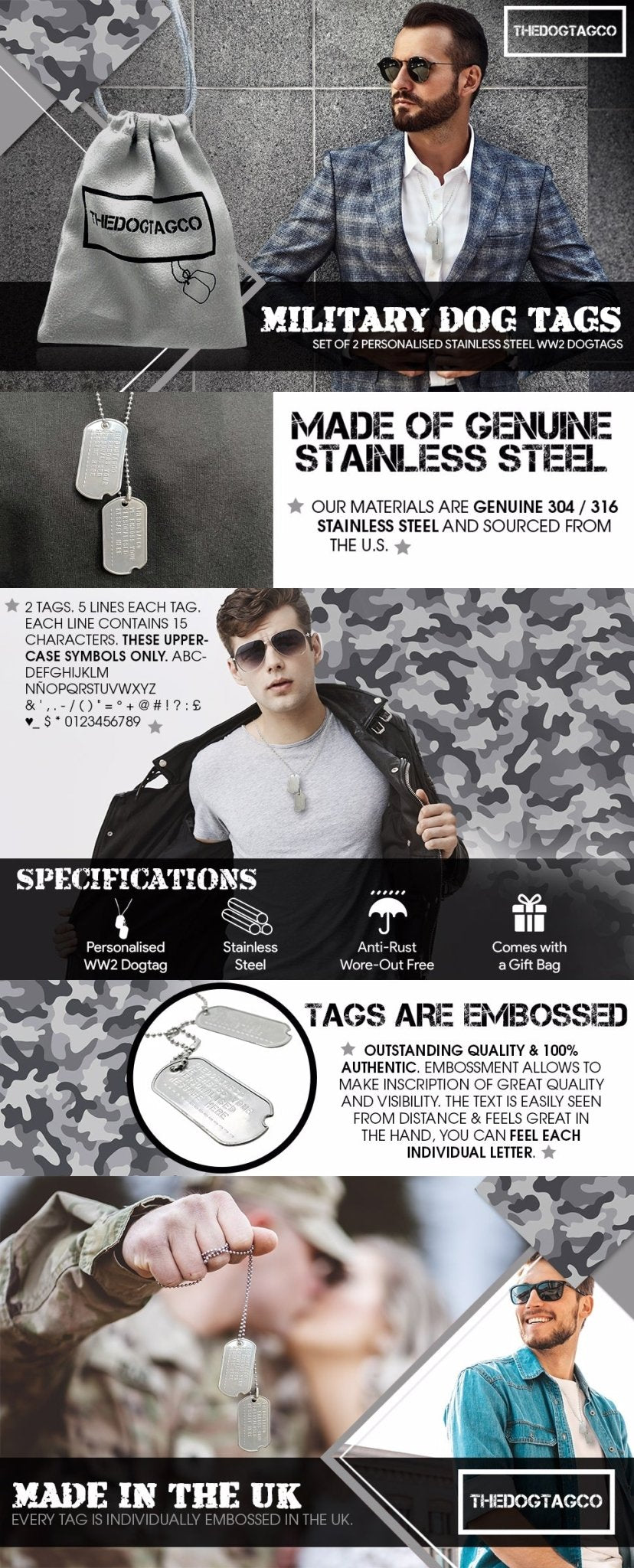 Authentic Personalised PAIR US Military Embossed Stainless Steel Dog Tags Set - 1975 To Present Day
