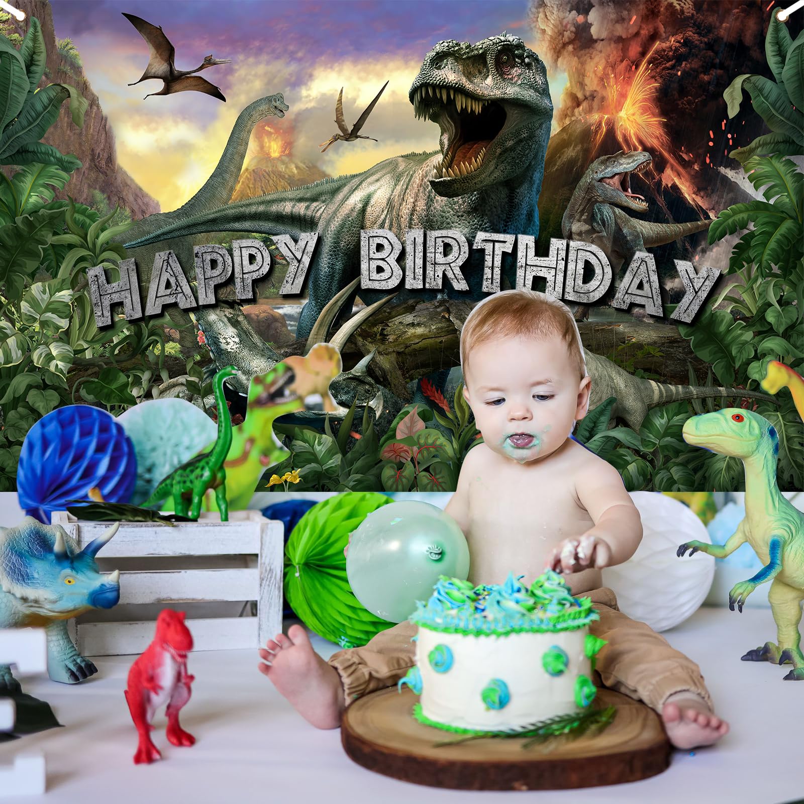 Avezano Dinosaur Birthday Backdrop – Jurassic Jungle Photo Banner 70.8 x 43.3 in | Kids Party Decor