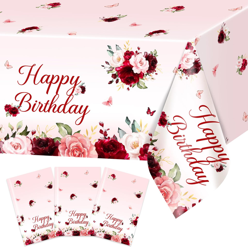 Avezano 3-Pcs Burgundy Floral Birthday Tablecloths 108x54 – Disposable Party Table Covers