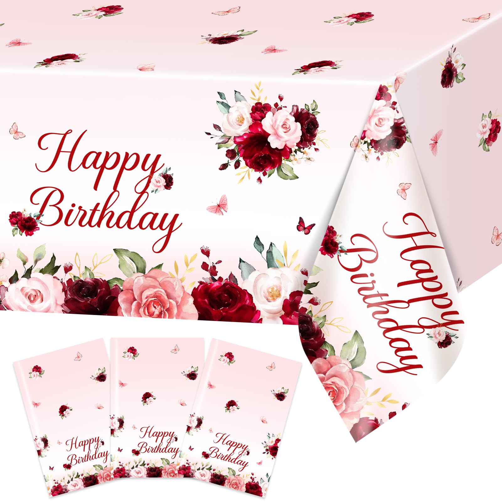 Avezano 3-Pcs Burgundy Floral Birthday Tablecloths 108x54 – Disposable Party Table Covers