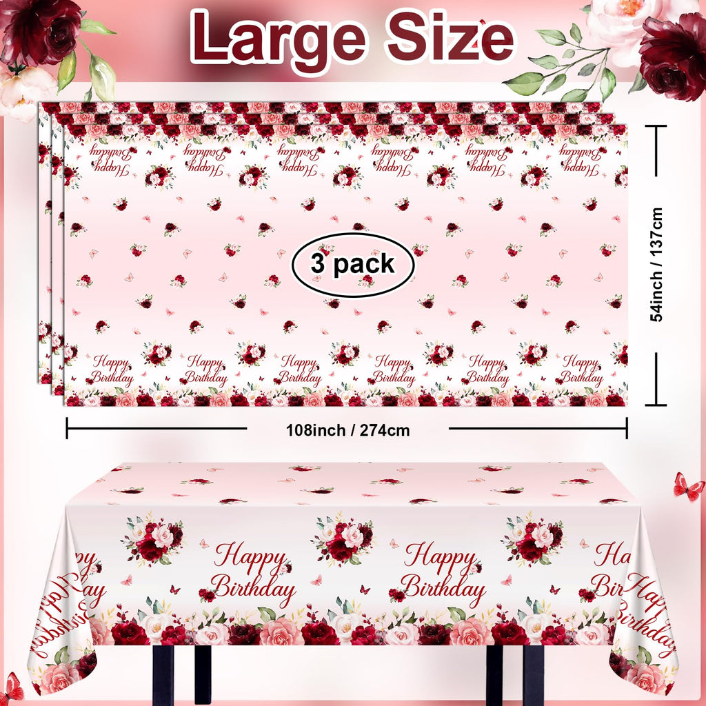 Avezano 3-Pcs Burgundy Floral Birthday Tablecloths 108x54 – Disposable Party Table Covers