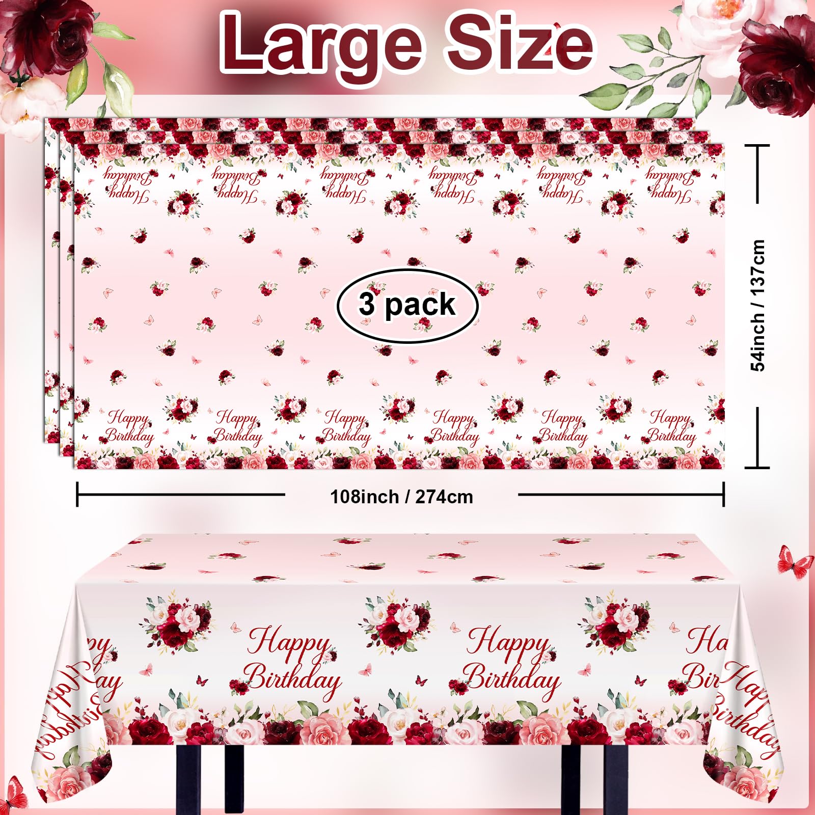 Avezano 3-Pcs Burgundy Floral Birthday Tablecloths 108x54 – Disposable Party Table Covers