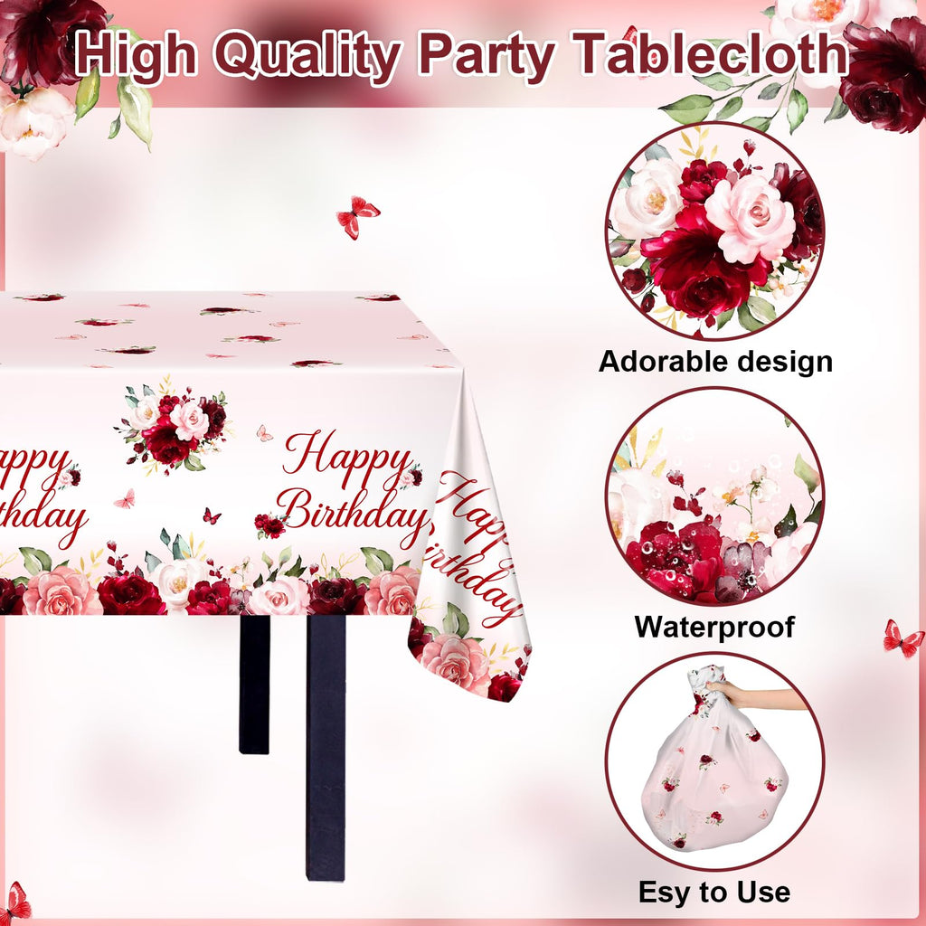 Avezano 3-Pcs Burgundy Floral Birthday Tablecloths 108x54 – Disposable Party Table Covers